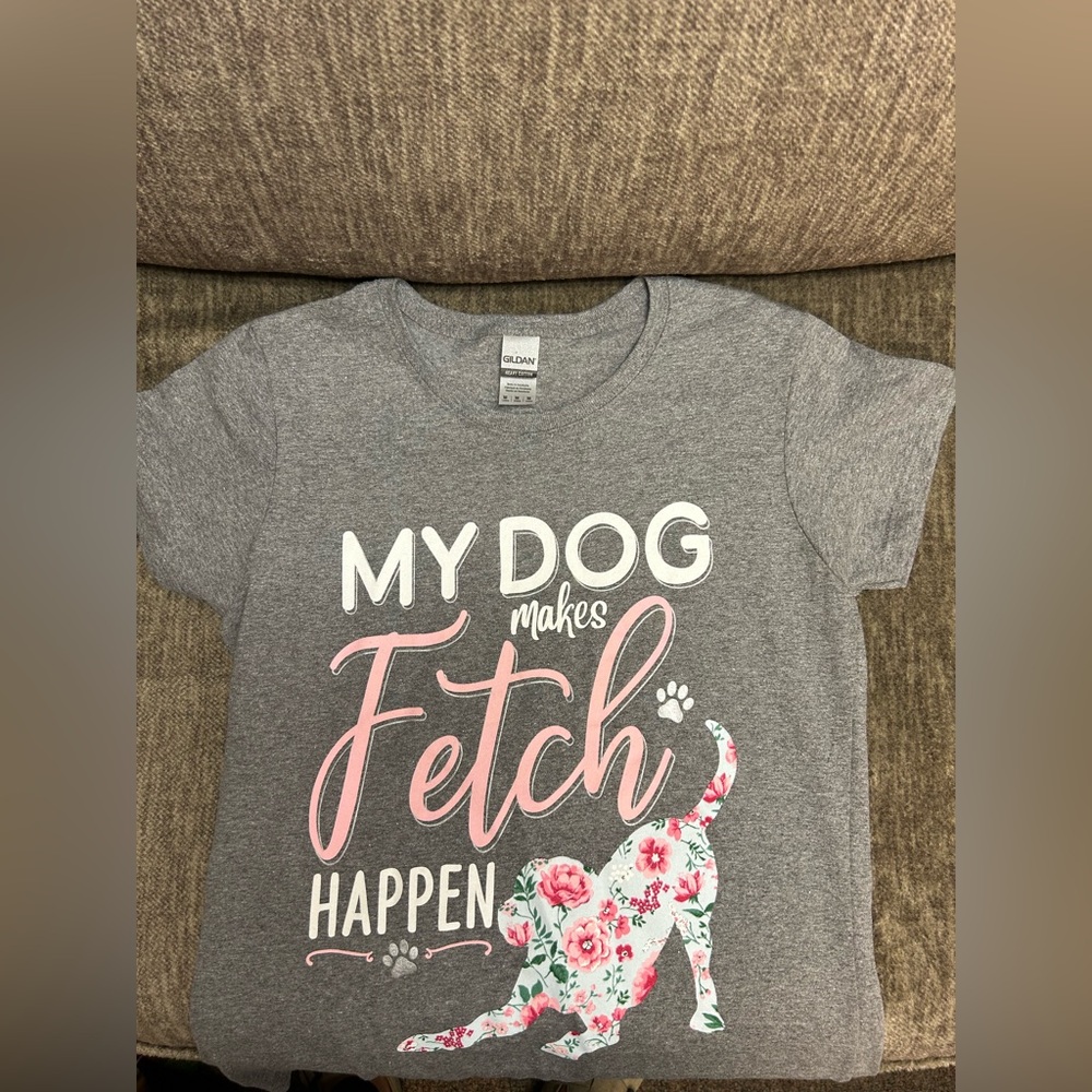 Gildan Gray Dog Fetch T-Shirt with Pink Floral Design